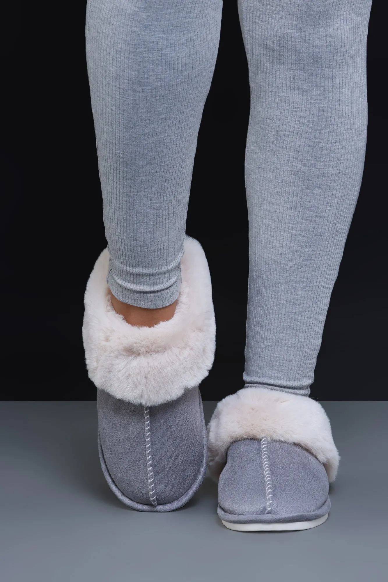 Stay Sweet Faux Fur Suede Slides - Grey sold by Swankaposh