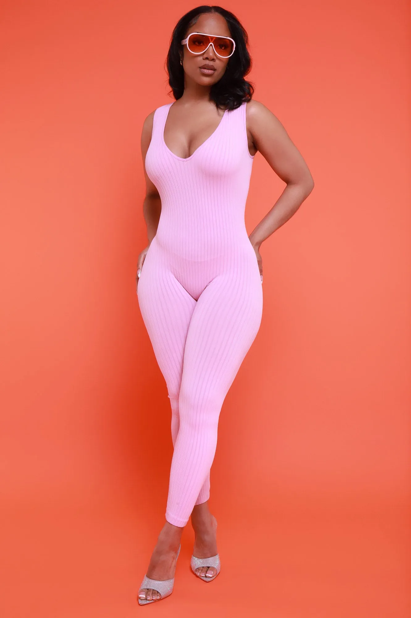 Iconic Sleeveless V-Neck Seamless Ribbed Jumpsuit - Pink sold by Swankaposh