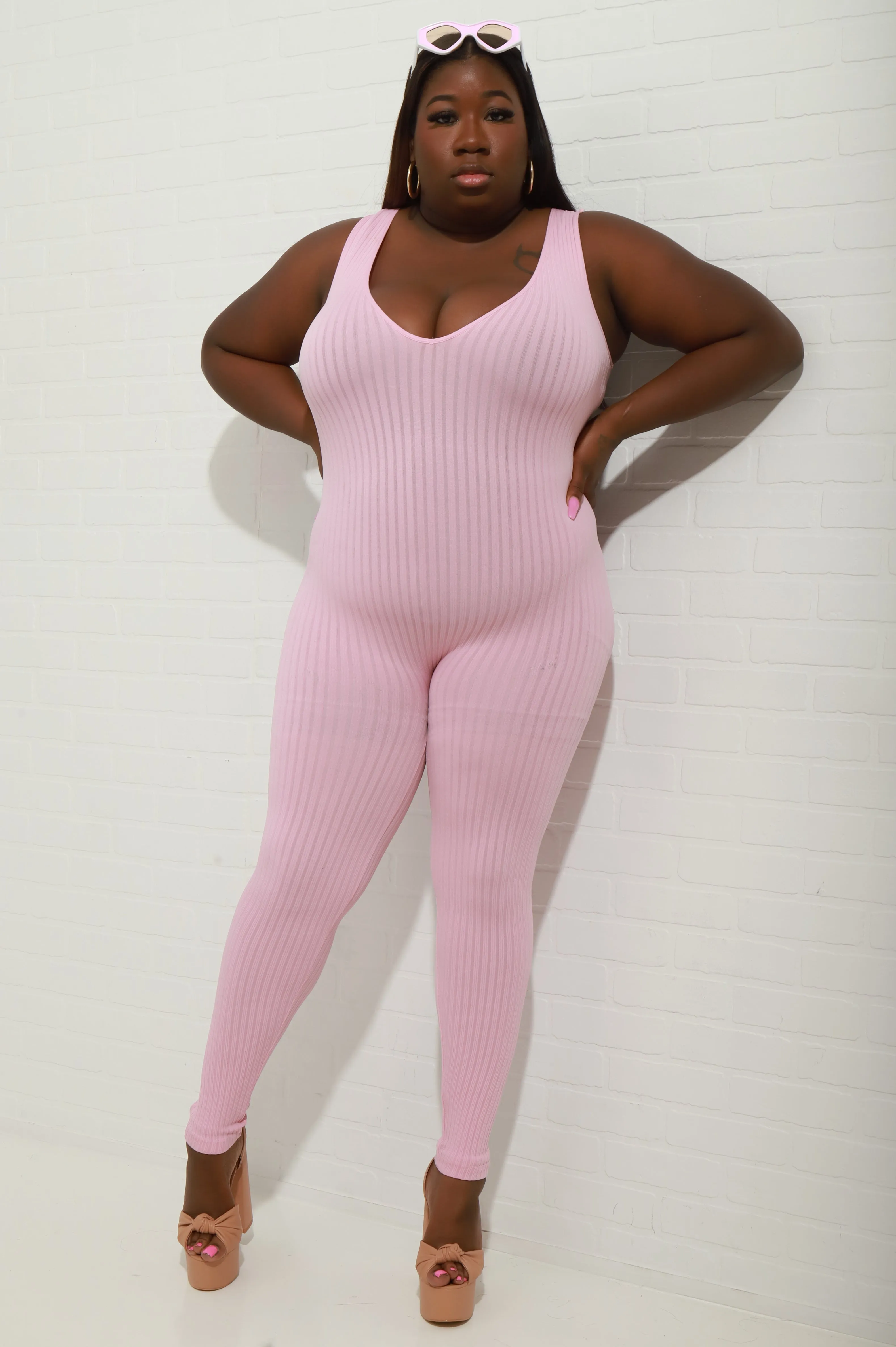 Iconic Sleeveless V-Neck Seamless Ribbed Jumpsuit - Pink sold by Swankaposh product image thumbnail 5