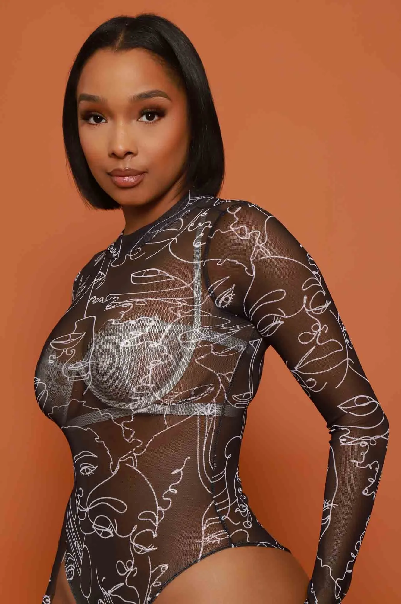 Share My Life Graphic Print Mesh Bodysuit - Black sold by Swankaposh product image thumbnail 5