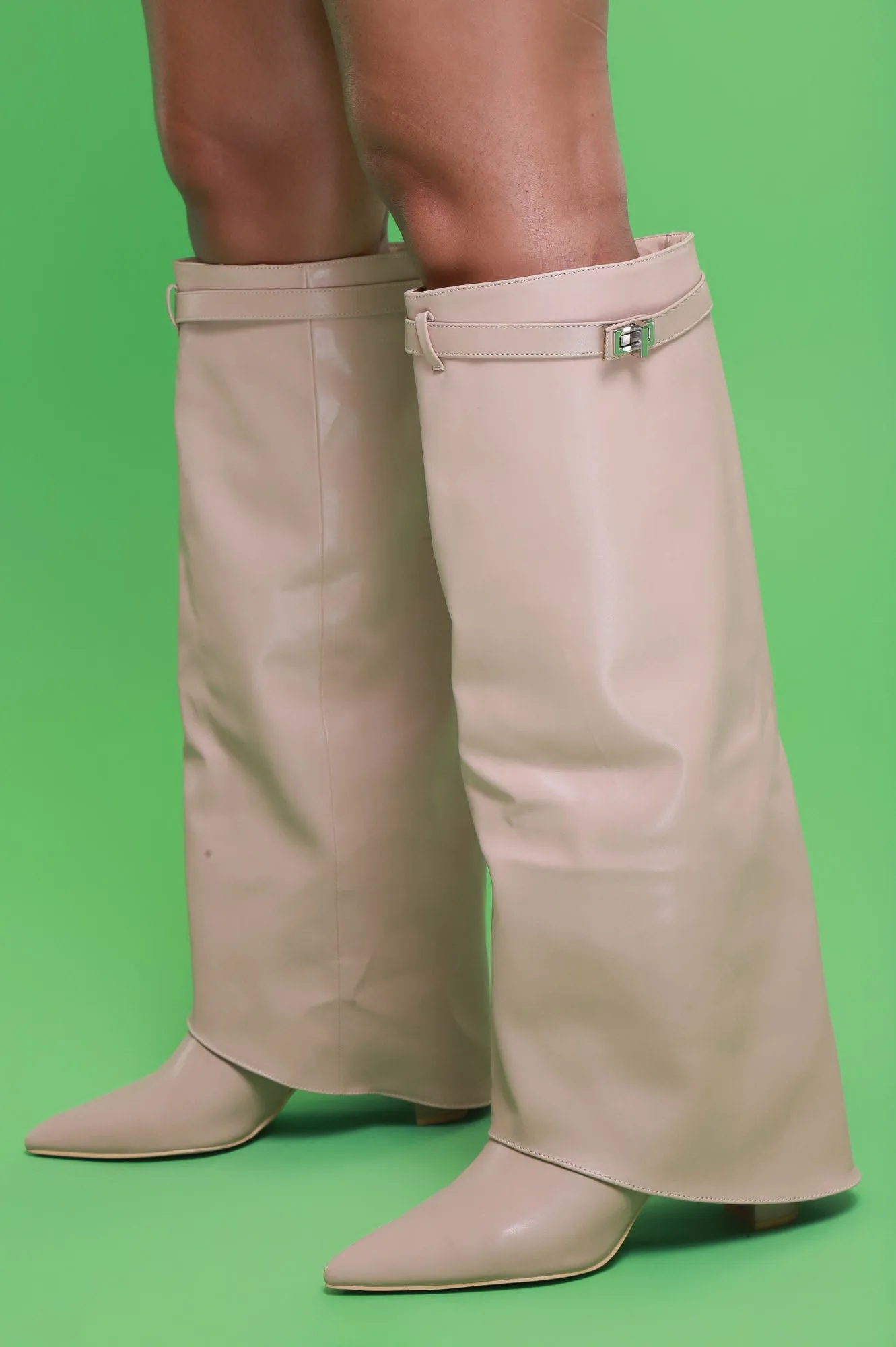 Bet On It Faux Leather Foldover Boots - Beige sold by Swankaposh