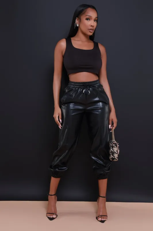 Double Dare Faux Leather Joggers - Black sold by Swankaposh