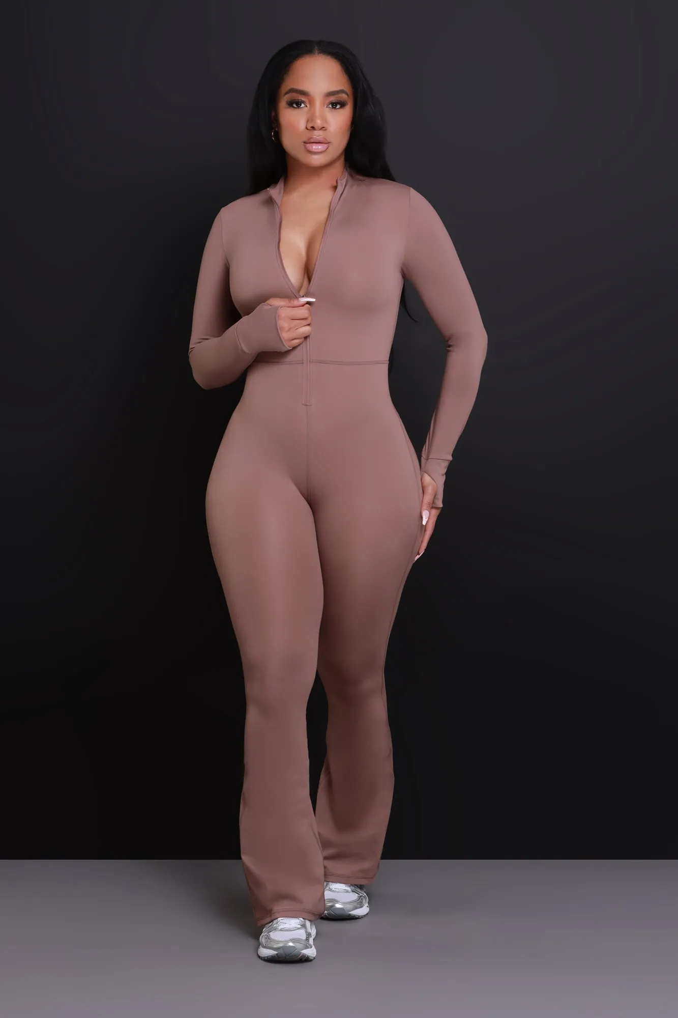 Code Black NUW Zip Up Flare Jumpsuit - Cocoa sold by Swankaposh product image thumbnail 4
