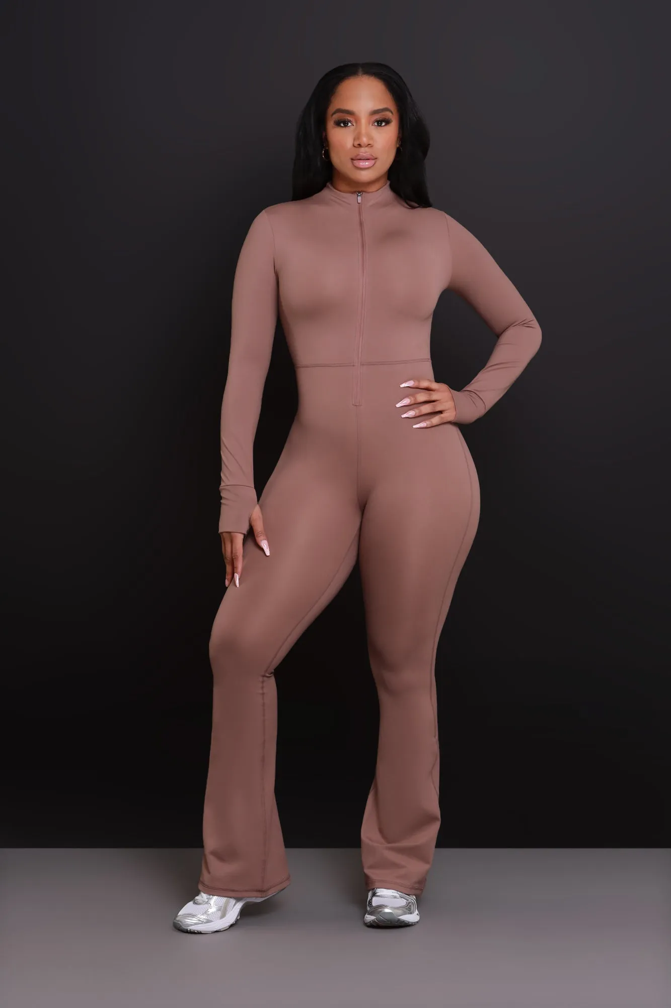 Code Black NUW Zip Up Flare Jumpsuit - Cocoa sold by Swankaposh