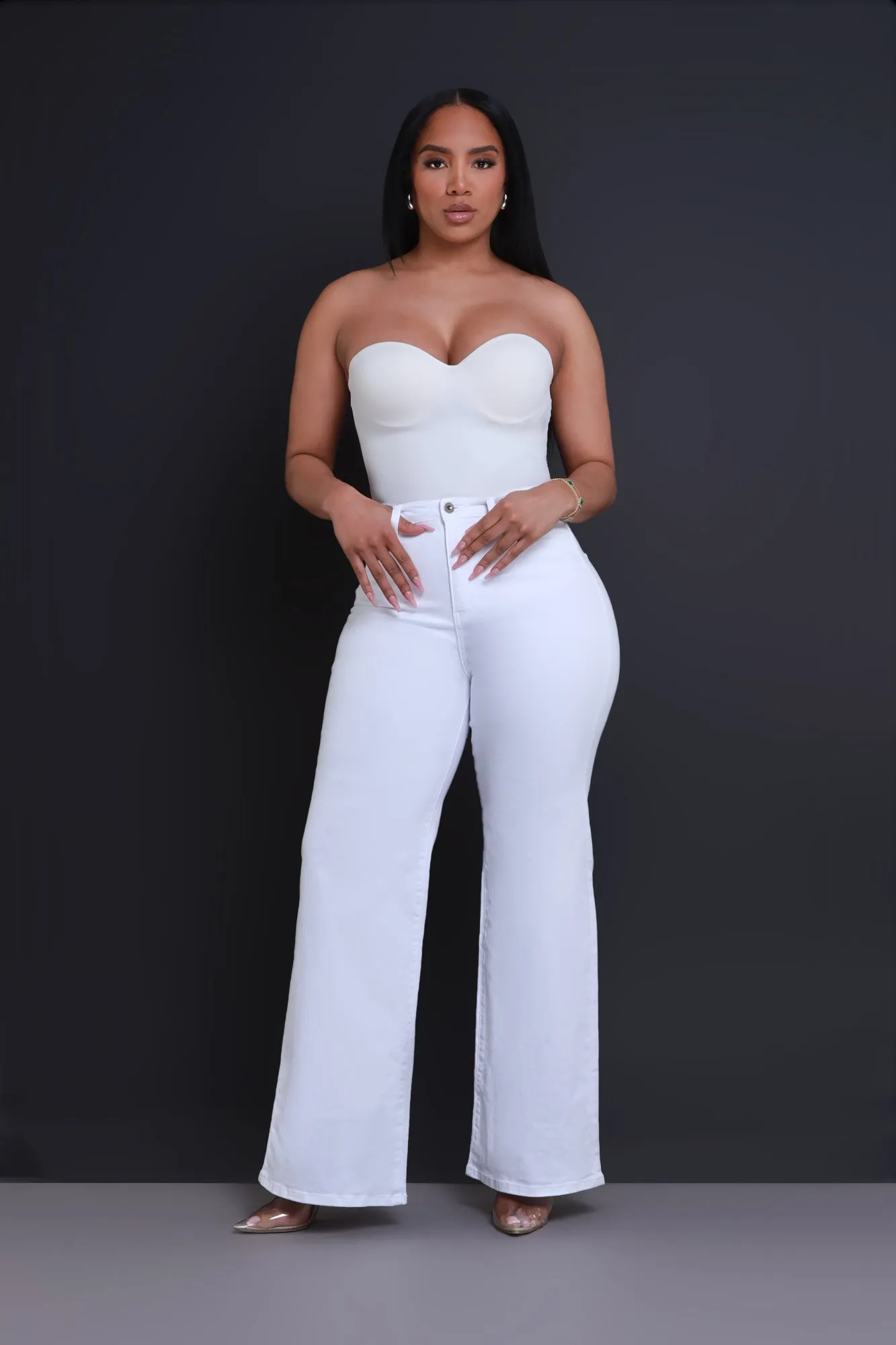 Let's Meet High Rise Wide Flare Jeans - White sold by Swankaposh