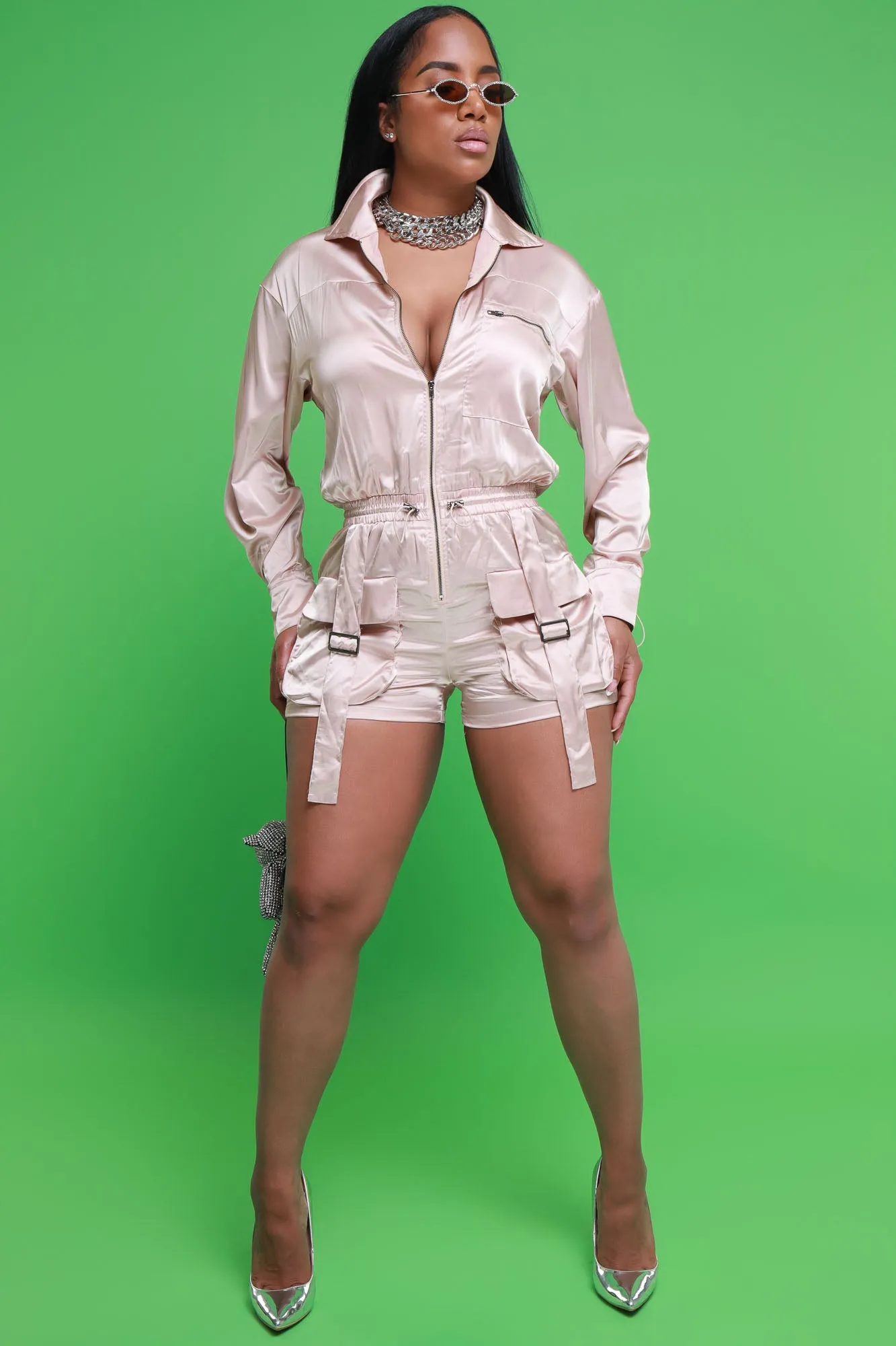 Speak Now Long Sleeve Cargo Romper - Champagne sold by Swankaposh