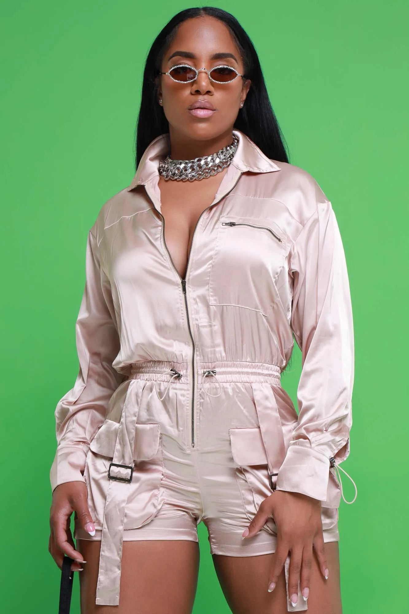 Speak Now Long Sleeve Cargo Romper - Champagne sold by Swankaposh product image thumbnail 5