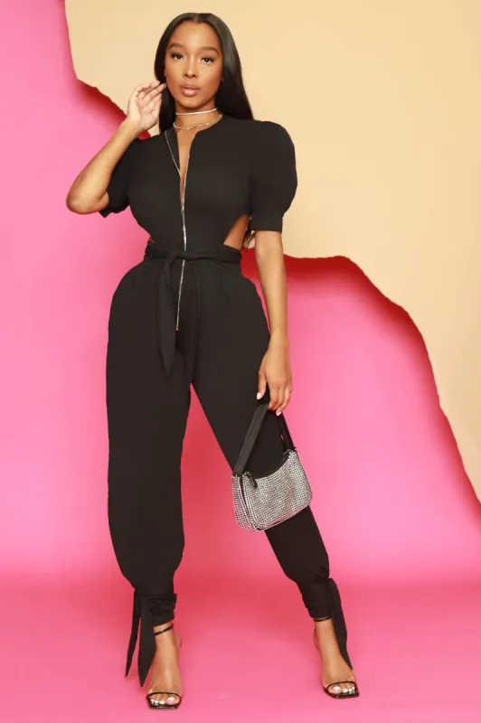 Who Knew Puff Sleeve Open Back Jumpsuit - Black sold by Swankaposh