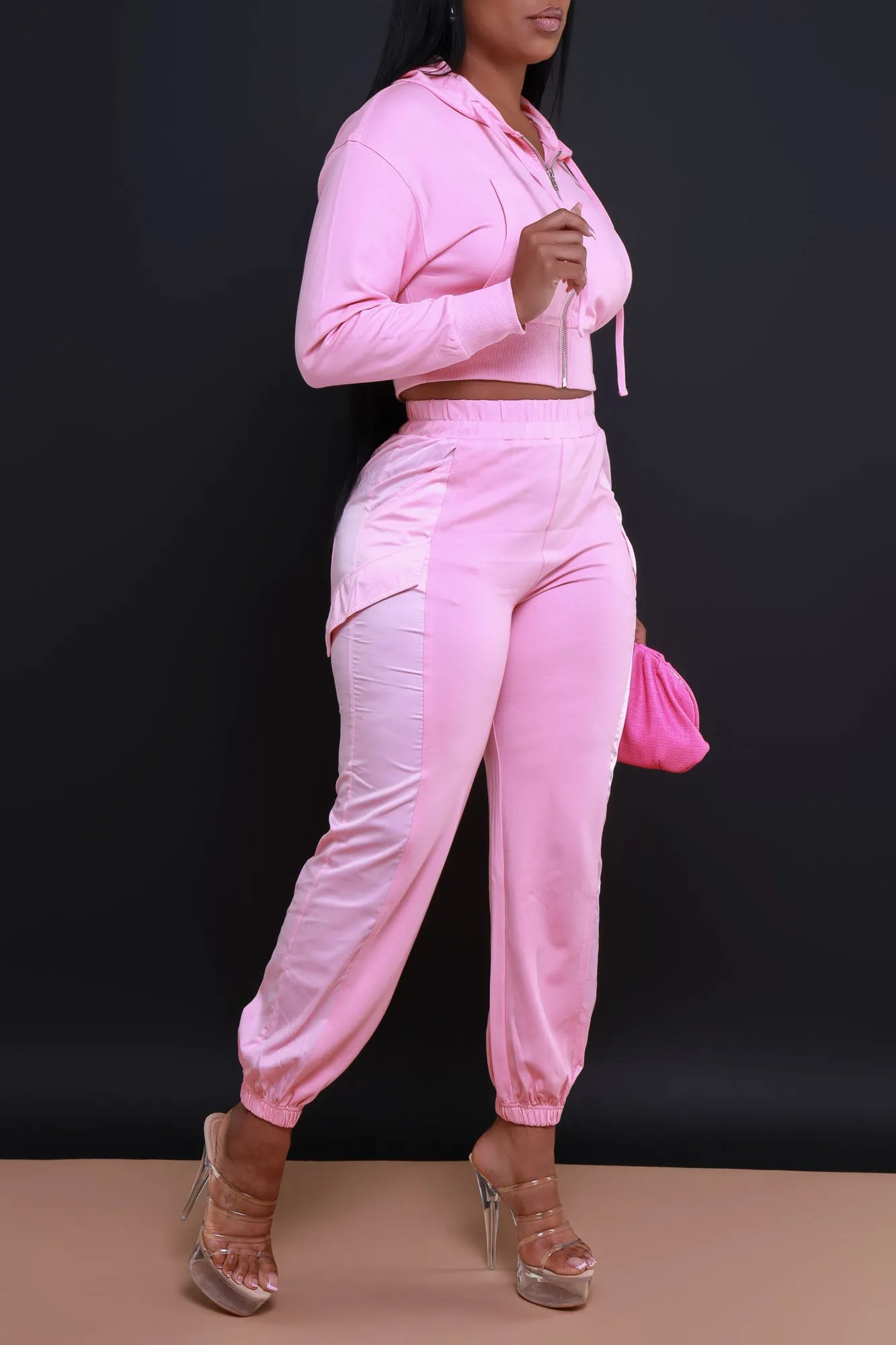 Not So Basic Zip Up Hooded Pants Set - Pink sold by Swankaposh