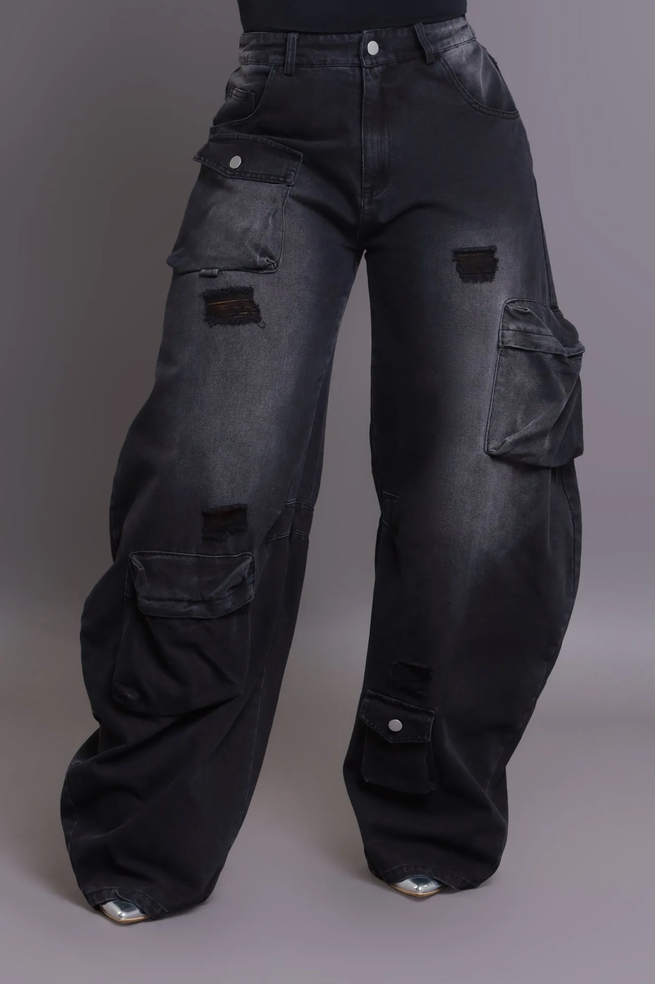 Action Plan High Rise Baggy Cargo Pants - Black sold by Swankaposh