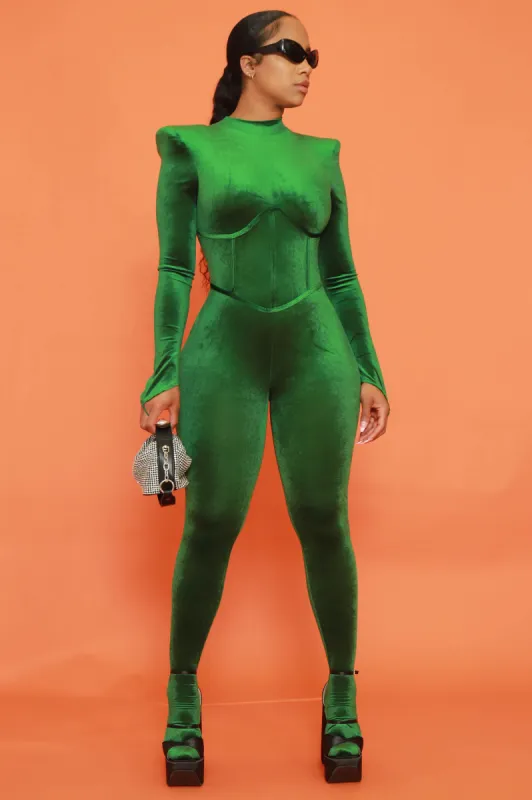 Before You Go Velvet Corset Jumpsuit - Green sold by Swankaposh