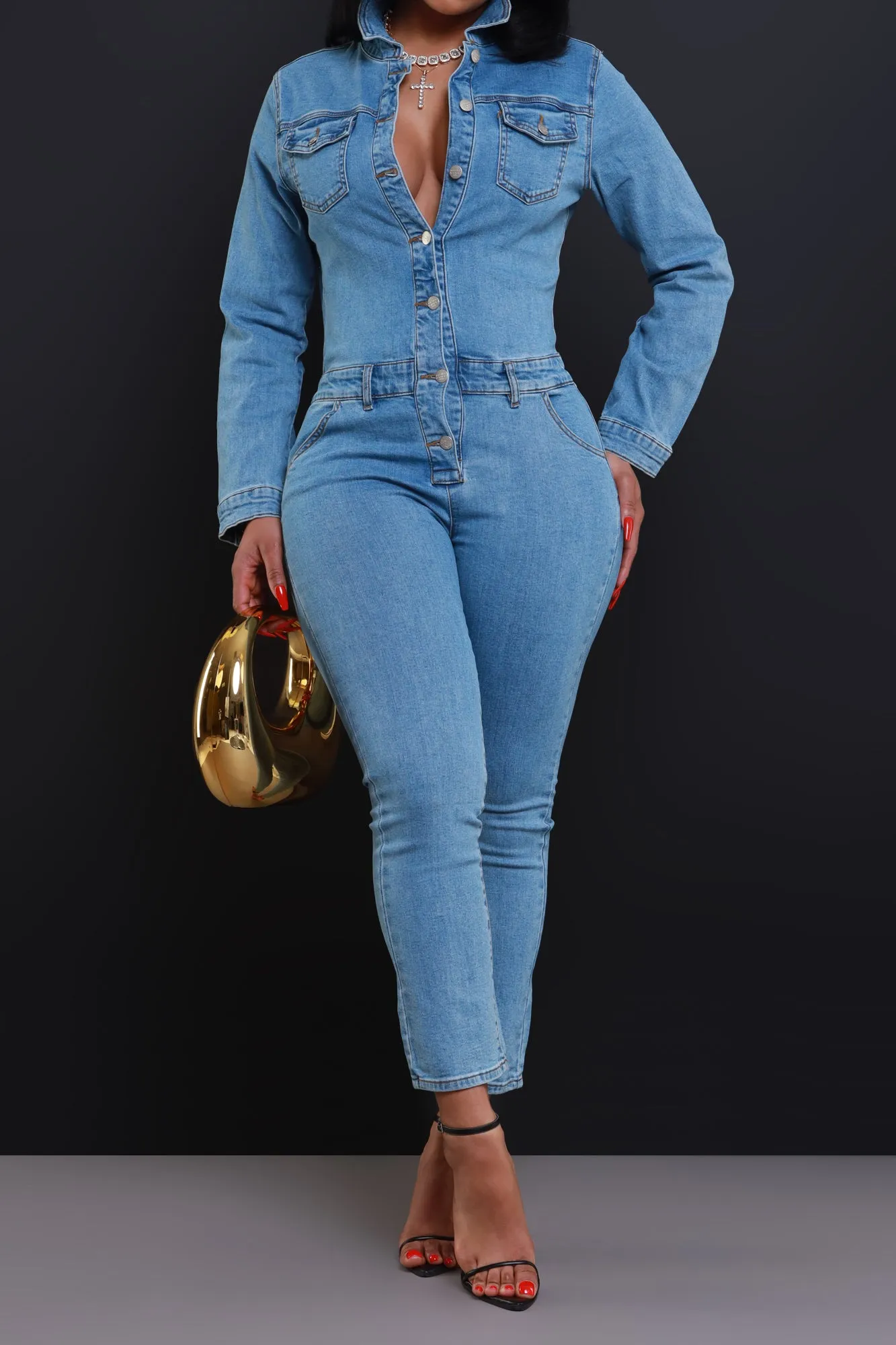 Rinse & Repeat Hourglass Denim Jumpsuit - Medium Wash sold by Swankaposh product image thumbnail 2