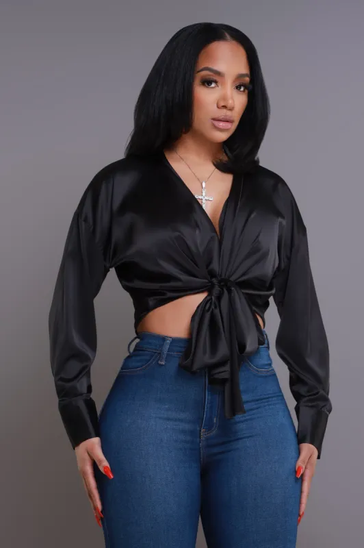 Above The Law Satin Tie Up Blouse - Black sold by Swankaposh