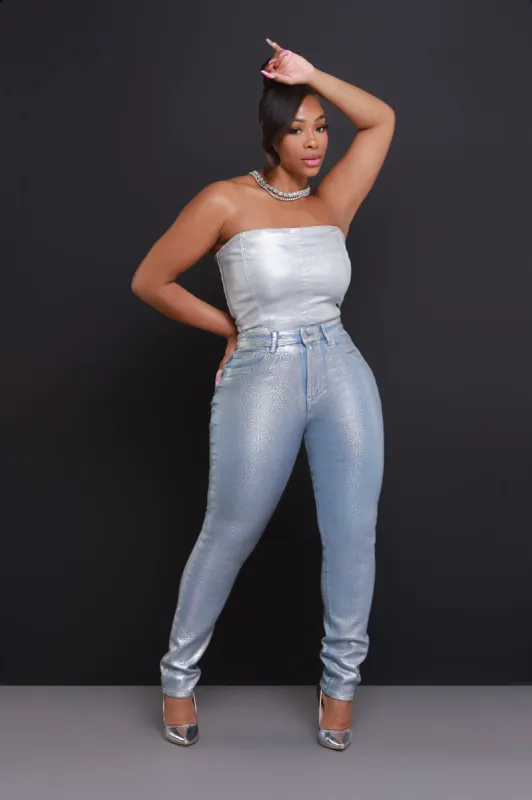 Dew Drop High Rise Flower Print Metallic Pants - Icy Blue sold by Swankaposh