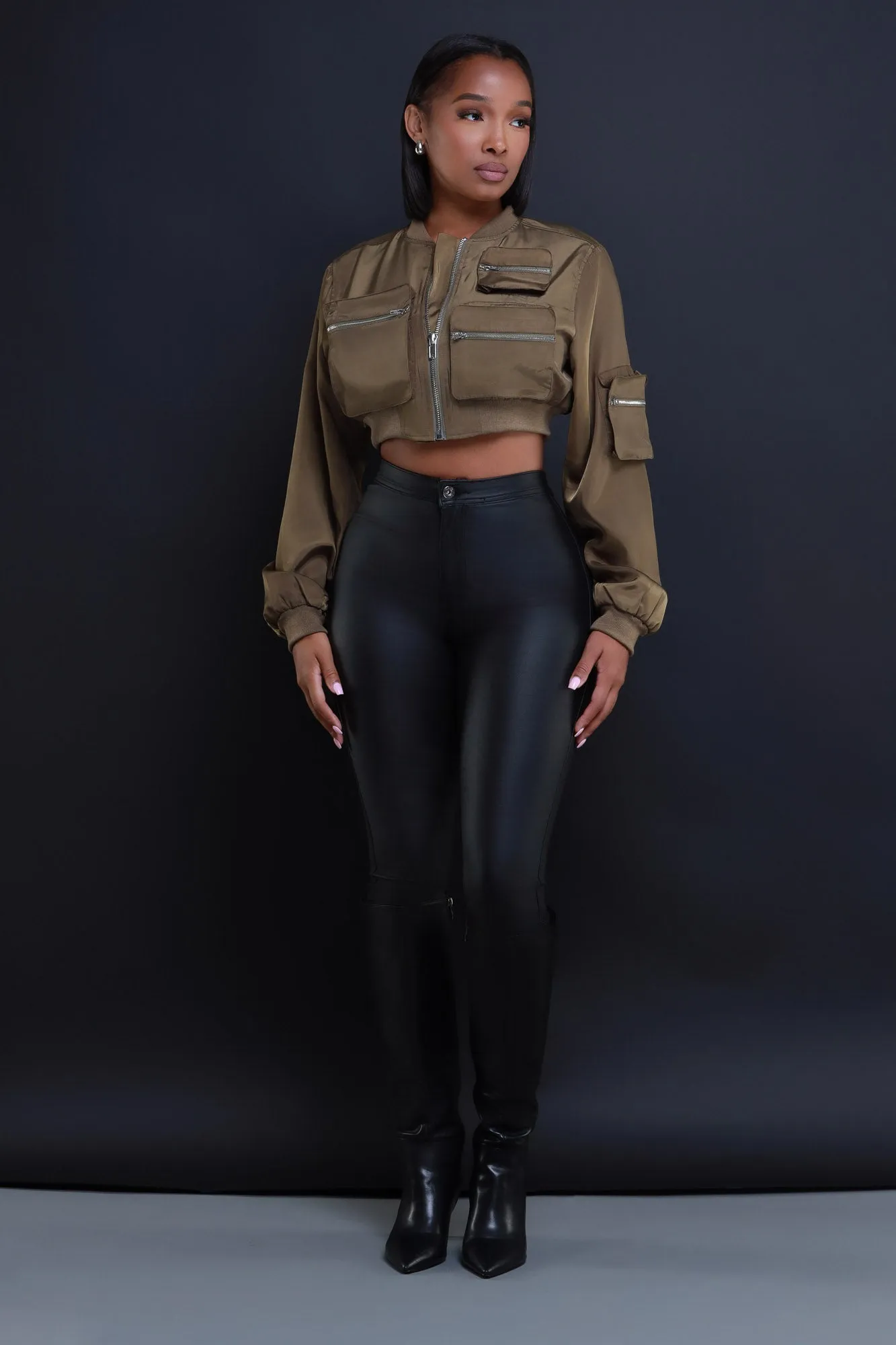 Checklist Cropped Cargo Bomber Jacket - Olive sold by Swankaposh