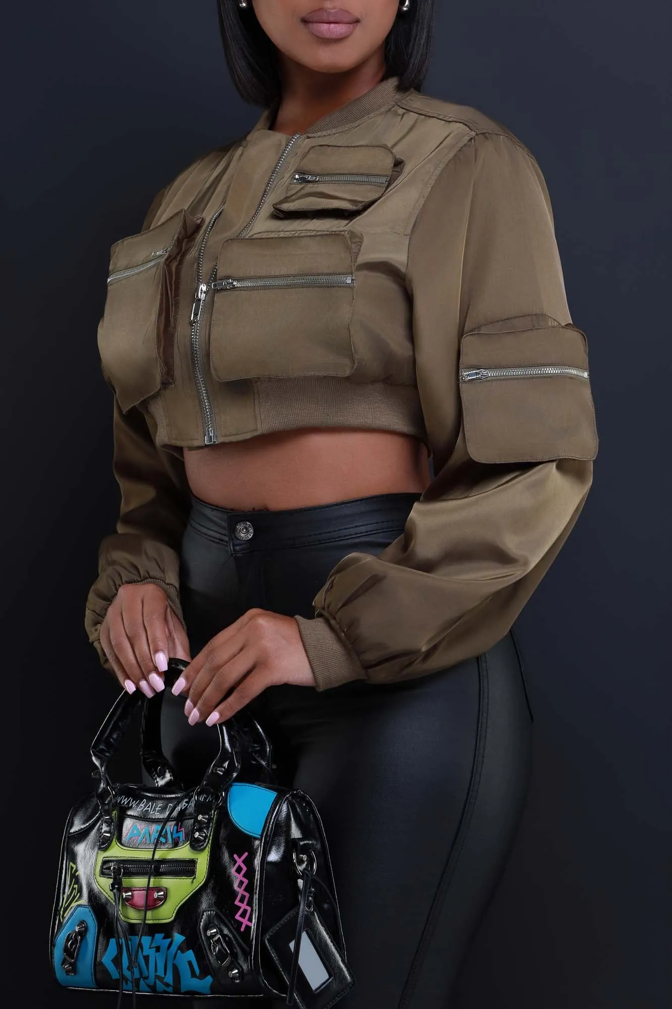Checklist Cropped Cargo Bomber Jacket - Olive sold by Swankaposh product image thumbnail 5