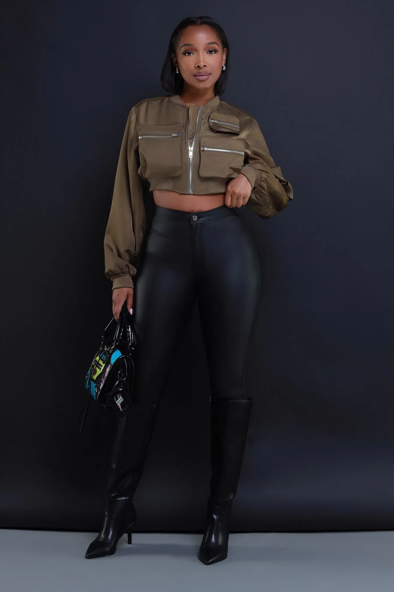 Checklist Cropped Cargo Bomber Jacket - Olive sold by Swankaposh product image thumbnail 3