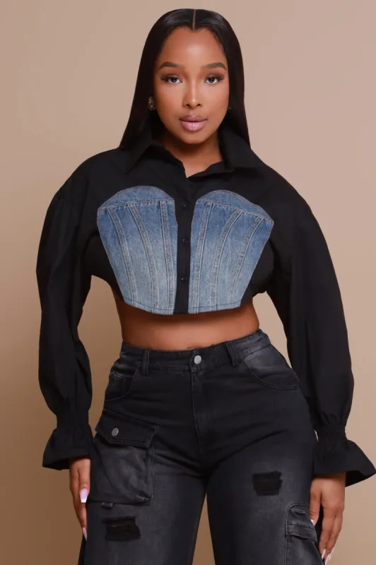 Okay Thanks Contrast Denim Crop Top - Black sold by Swankaposh