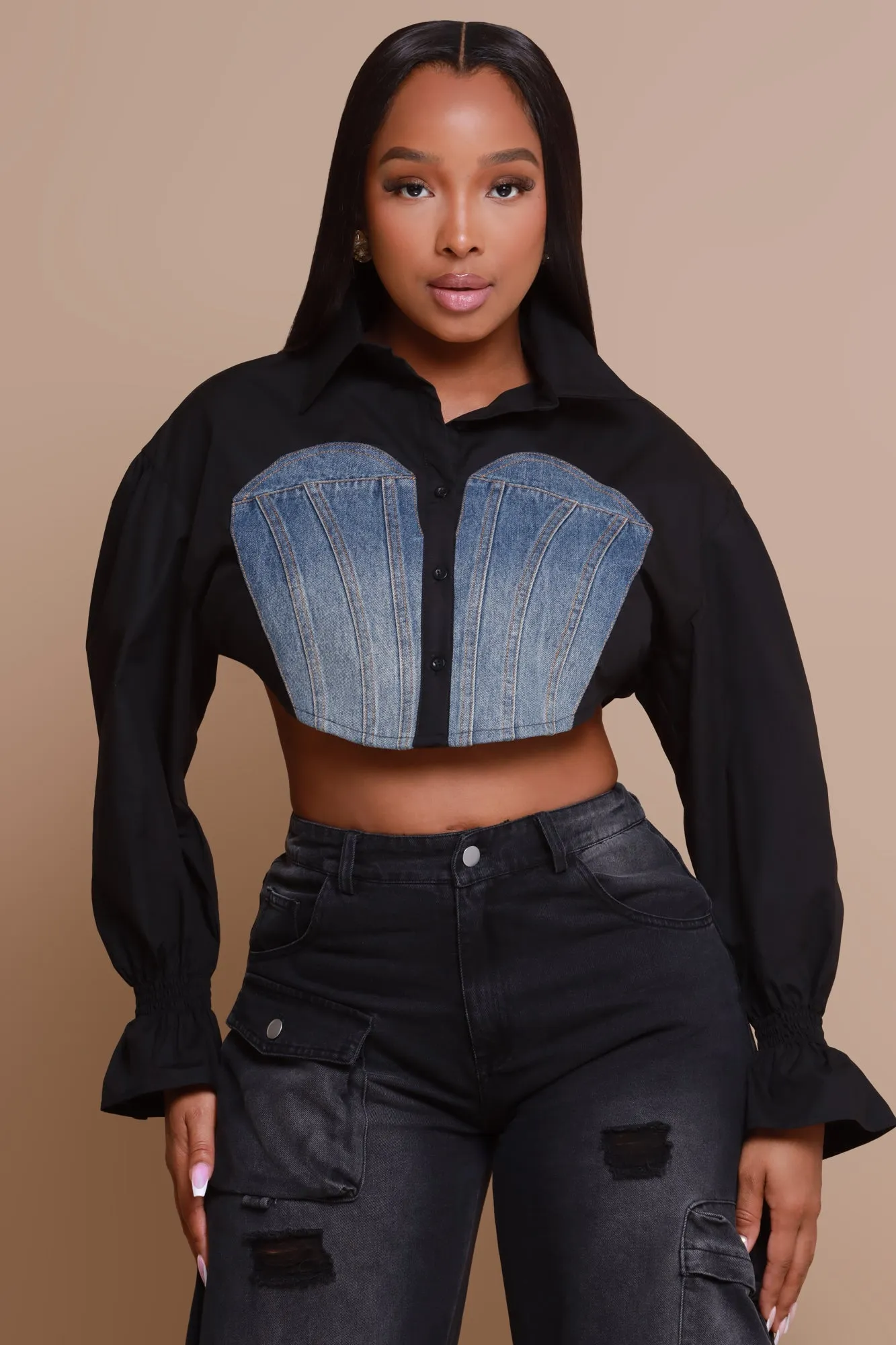 Okay Thanks Contrast Denim Crop Top - Black sold by Swankaposh