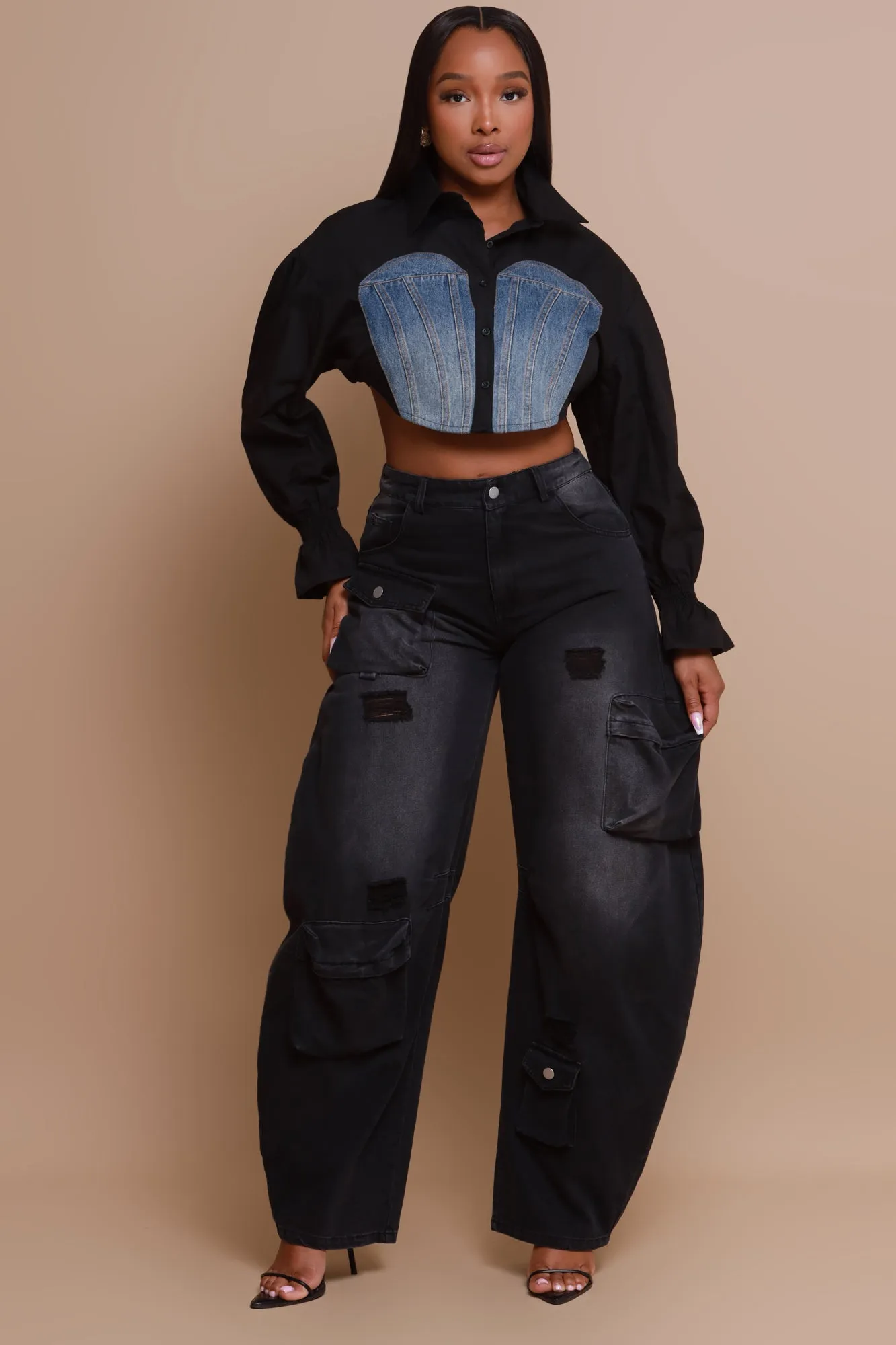Okay Thanks Contrast Denim Crop Top - Black sold by Swankaposh product image thumbnail 5
