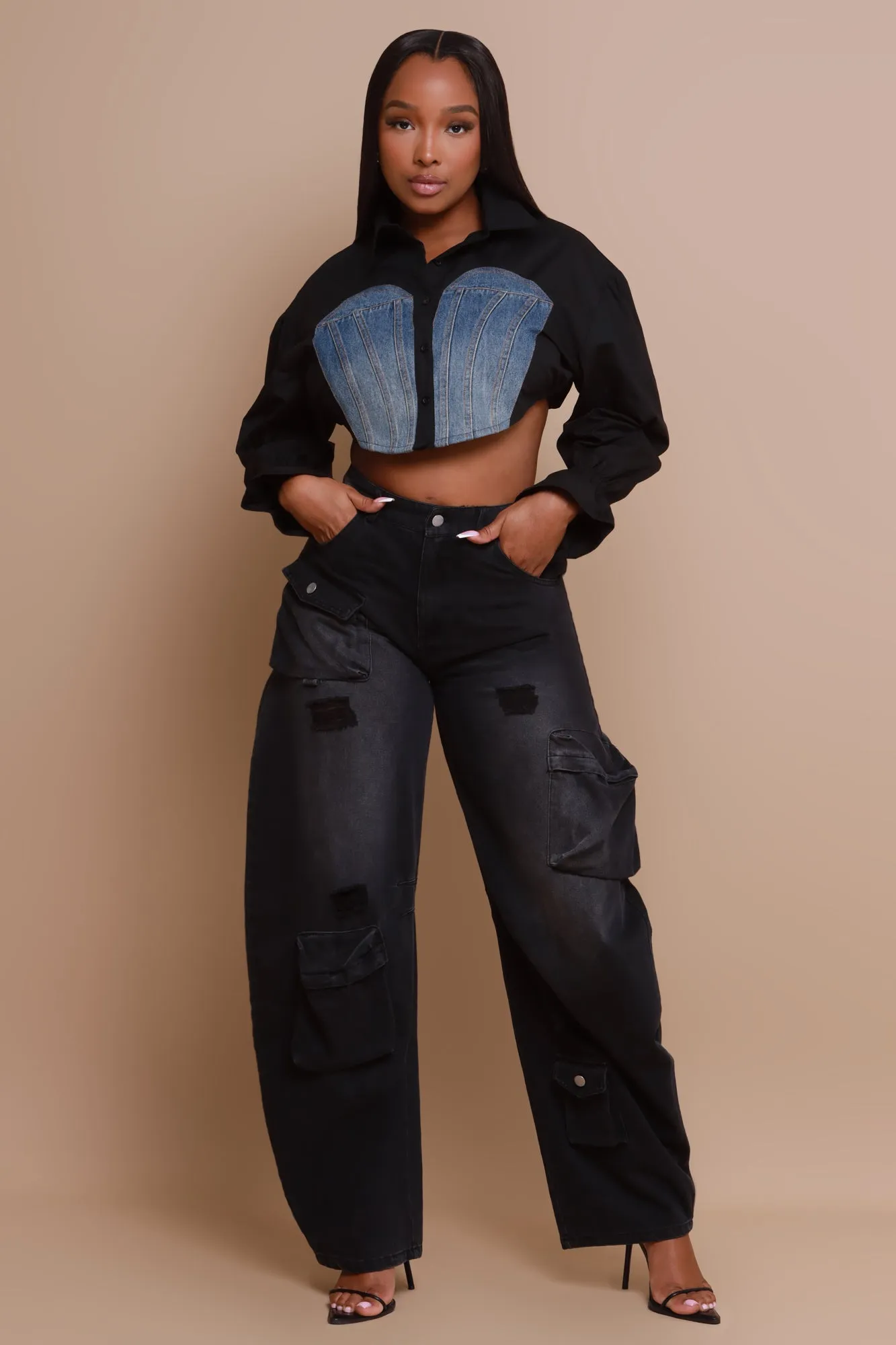 Okay Thanks Contrast Denim Crop Top - Black sold by Swankaposh product image thumbnail 3