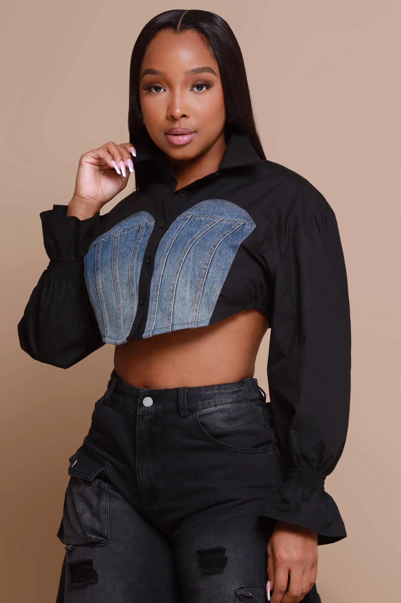 Okay Thanks Contrast Denim Crop Top - Black sold by Swankaposh product image thumbnail 4