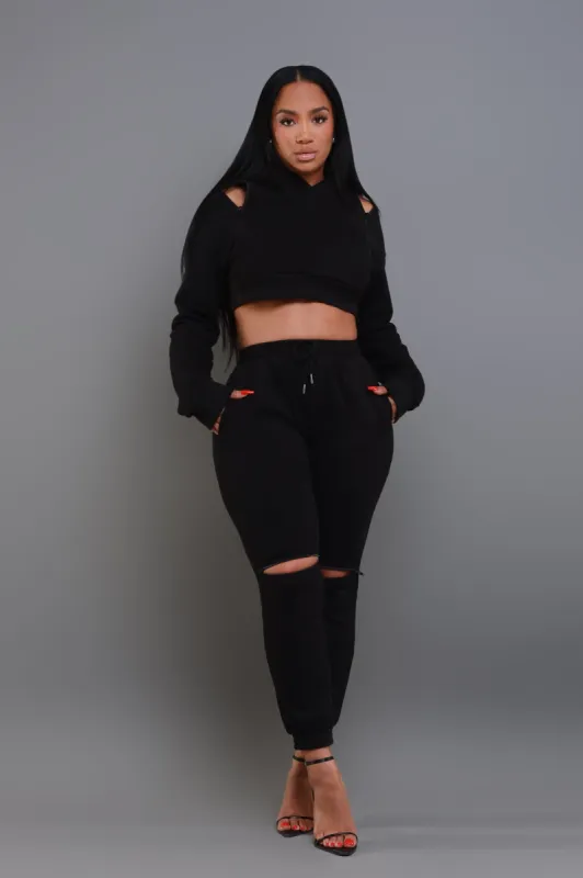 U-Turn Zippered Hoodie Jogger Set - Black sold by Swankaposh