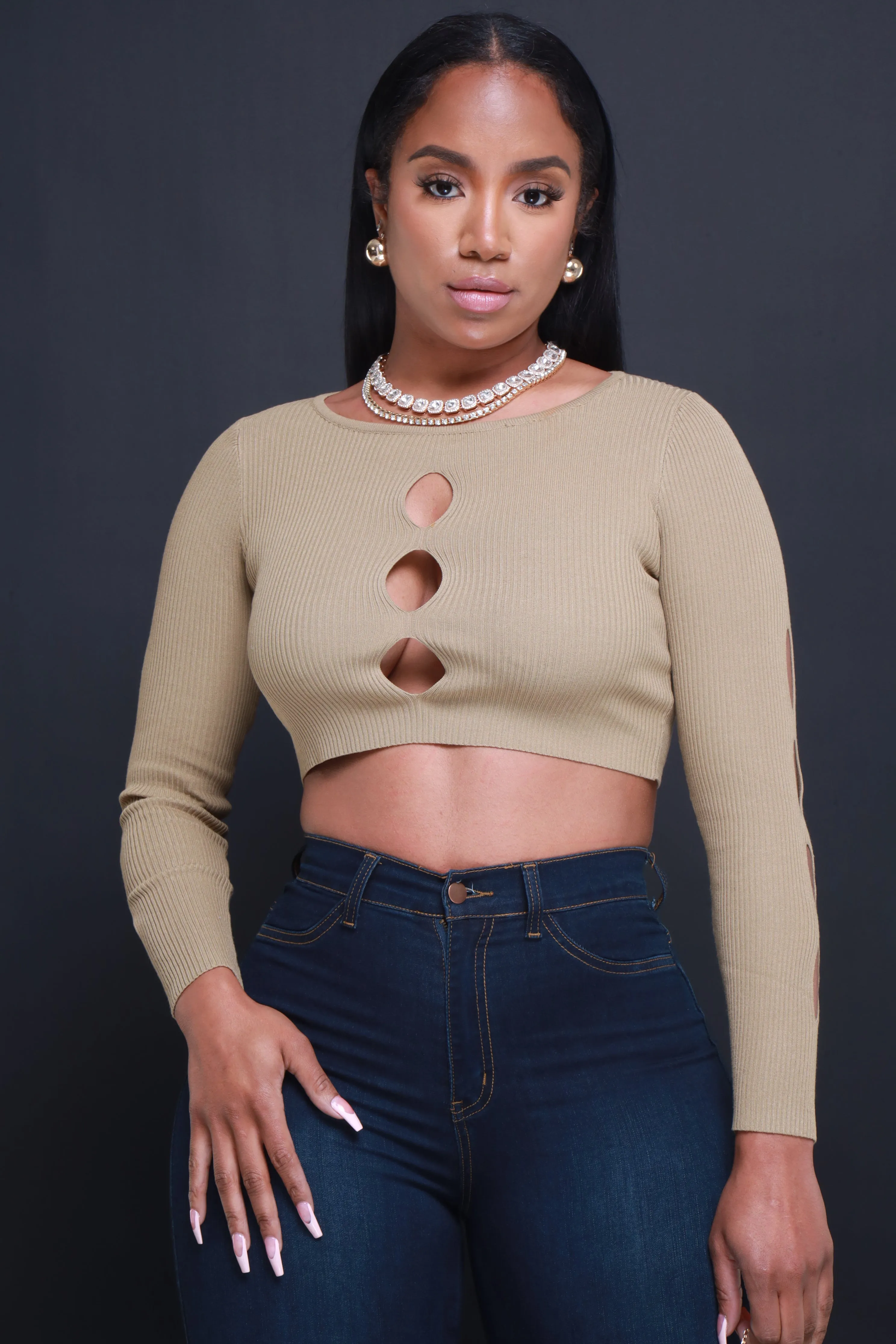 Just Visiting Cut Out Knit Crop Top - Mocha sold by Swankaposh