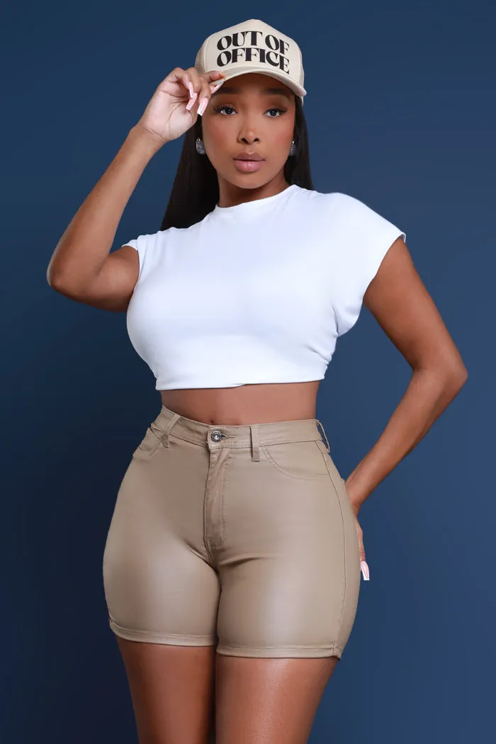 Earn It High Rise Faux Leather Shorts - Khaki sold by Swankaposh product image thumbnail 4