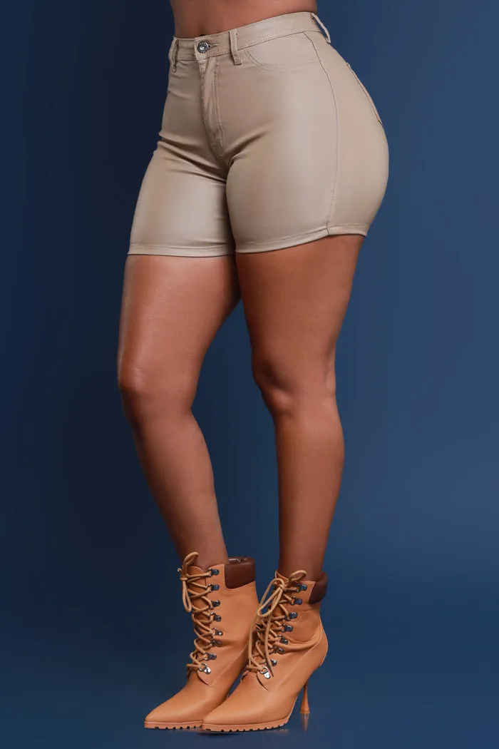 Earn It High Rise Faux Leather Shorts - Khaki sold by Swankaposh product image thumbnail 3