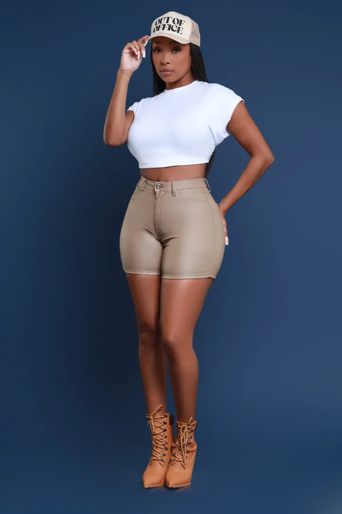 Earn It High Rise Faux Leather Shorts - Khaki sold by Swankaposh product image thumbnail 5