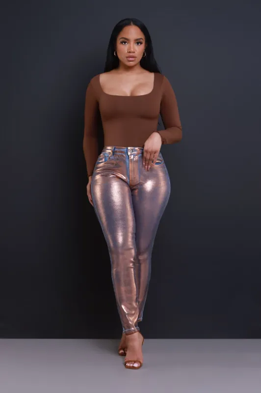 Lucky Star High Rise Metallic Jeans - Antique Copper sold by Swankaposh