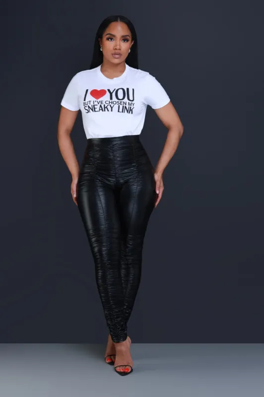 Be Honest Ruched High Waist Pants - Shiny Black Faux Leather Leggings sold by Swankaposh