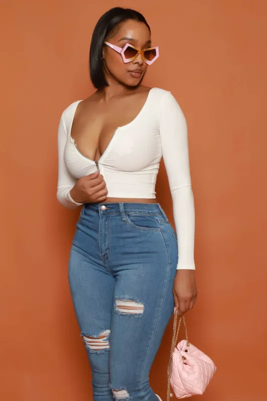 Act Like That Full Zip Crop Top - White sold by Swankaposh