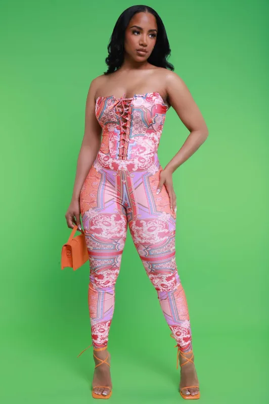 Love Again Lace Up Print Jumpsuit - Red sold by Swankaposh