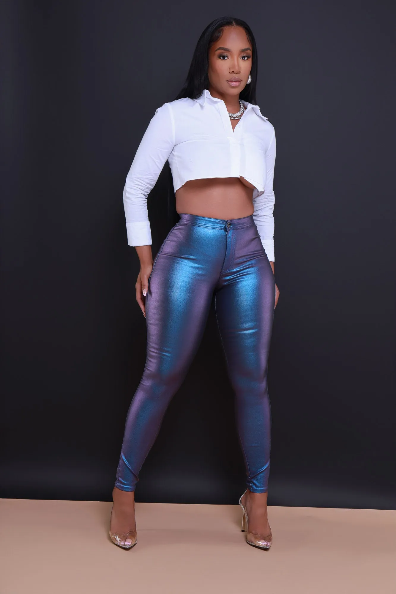 Coming In Hot High Rise Metallic Skinny Pants - Blue sold by Swankaposh product image thumbnail 2