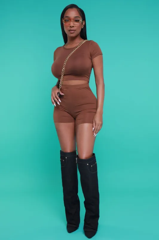 Best Shot Short Sleeve Cropped Biker Set - Brown sold by Swankaposh