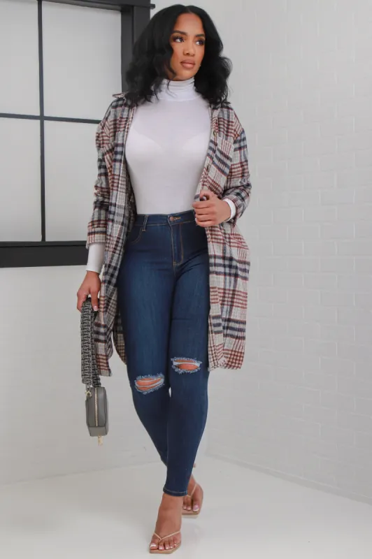 What I Say Plaid Longline Shirt Jacket - Navy/Grey sold by Swankaposh