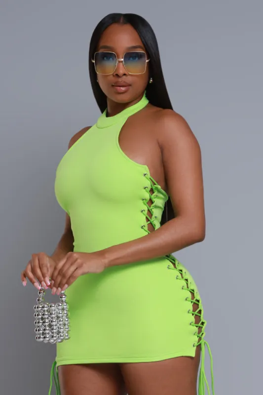 Shaken Up Lace Up Mini Dress - Neon Green sold by Swankaposh