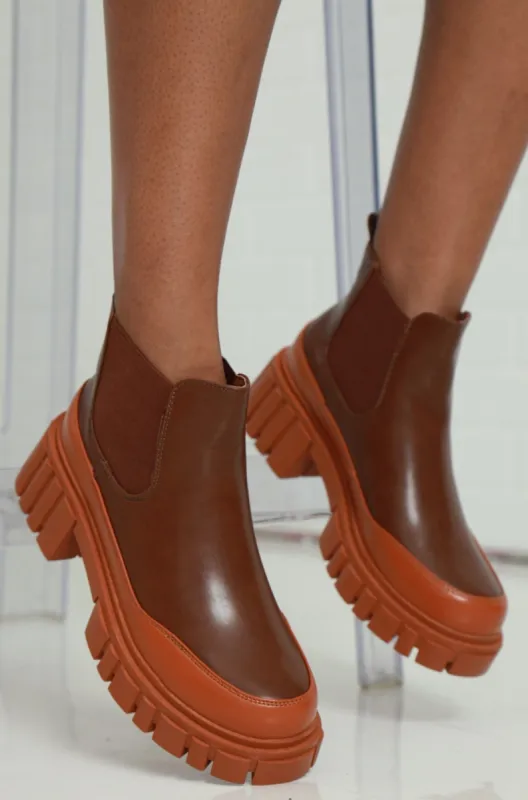 Pitch It Faux Leather Chunky Ankle Boot - Brown/Caramel sold by Swankaposh