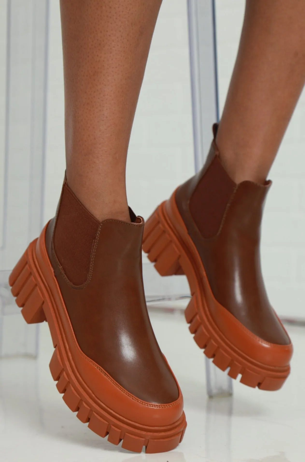 Pitch It Faux Leather Chunky Ankle Boot - Brown/Caramel sold by Swankaposh