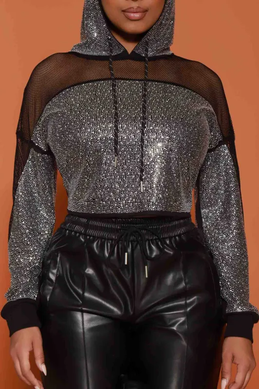 Hotline Rhinestone Embellished Mesh Top - Black sold by Swankaposh