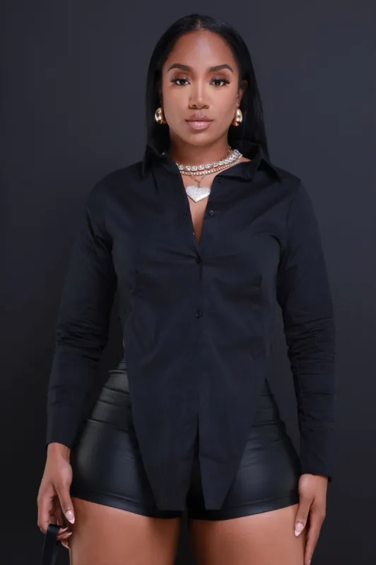 Seek Me Long Sleeve Asymmetrical Top - Black sold by Swankaposh