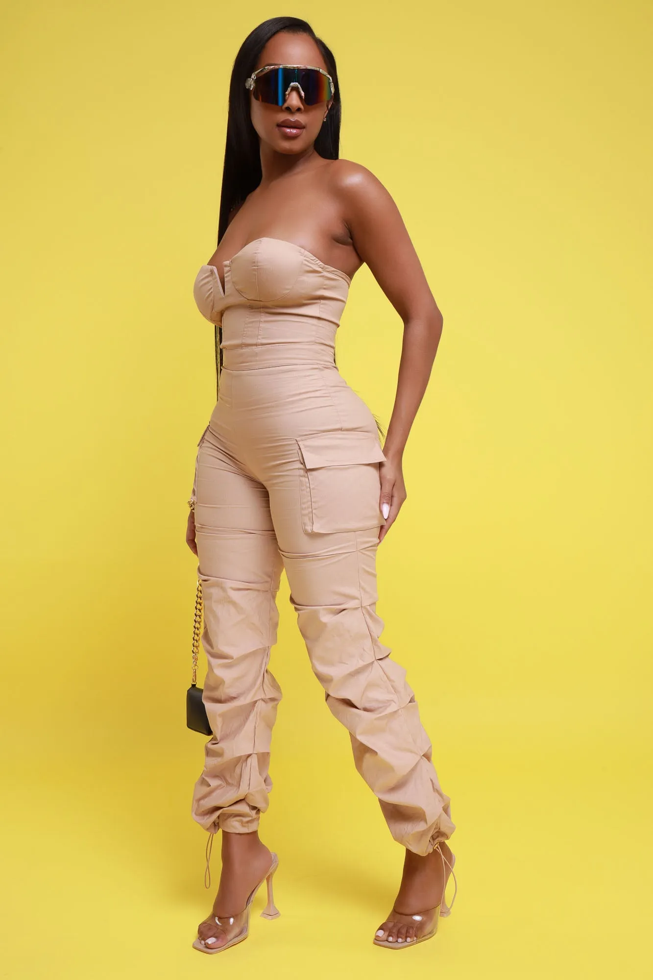 Guest List Strapless Bodycon Cargo Jumpsuit - Taupe sold by Swankaposh product image thumbnail 3
