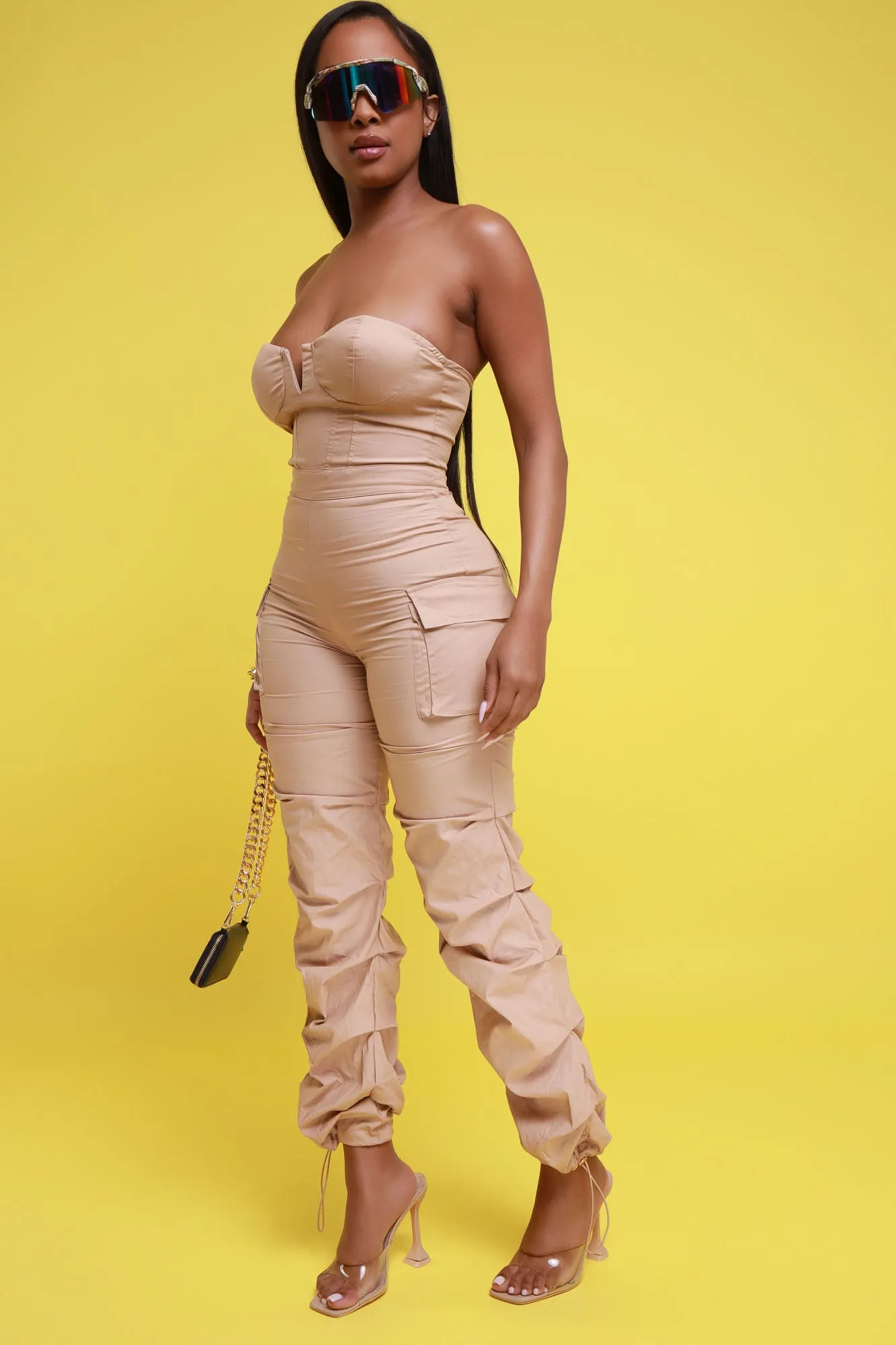 Guest List Strapless Bodycon Cargo Jumpsuit - Taupe sold by Swankaposh product image thumbnail 5