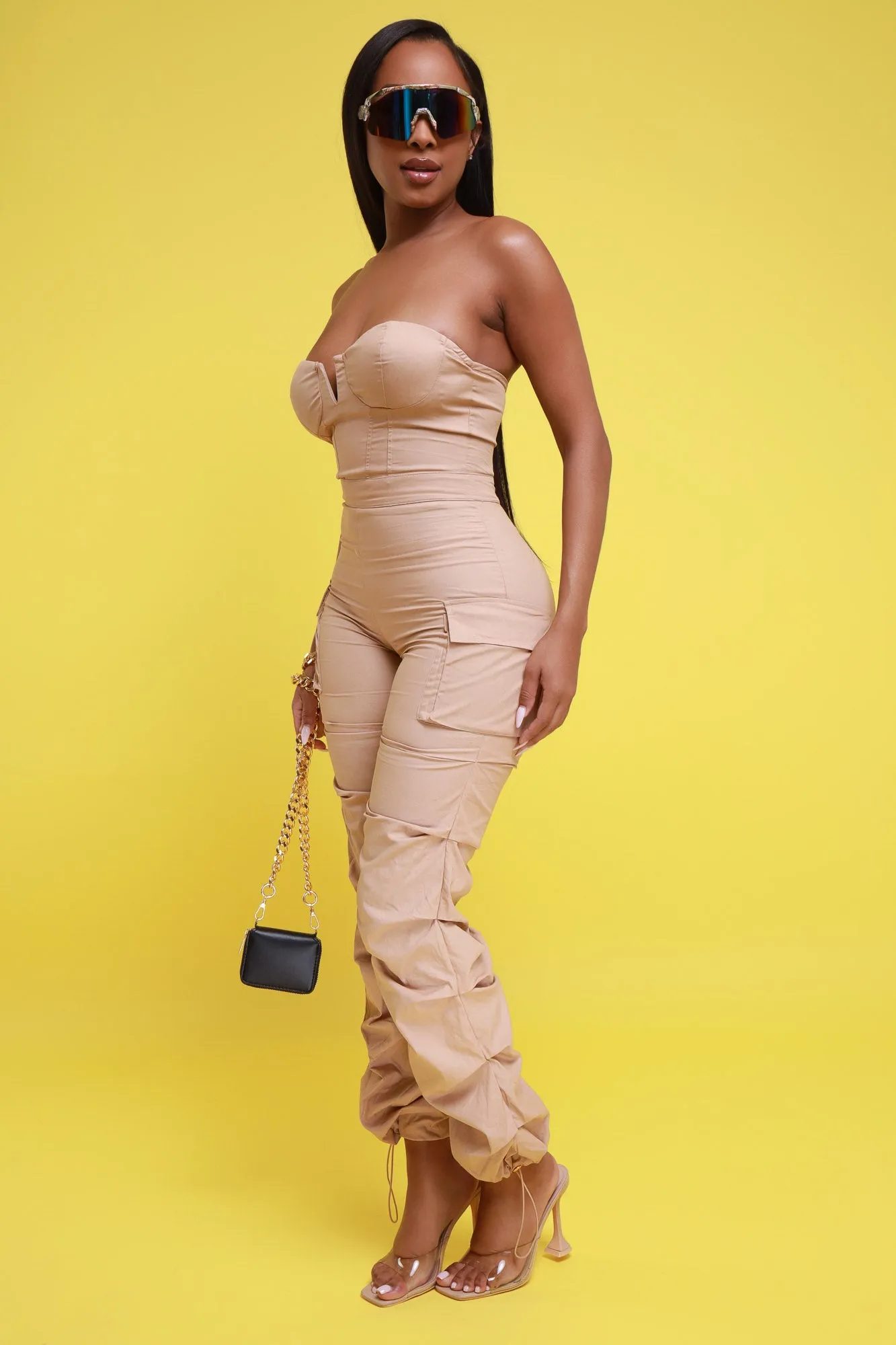 Guest List Strapless Bodycon Cargo Jumpsuit - Taupe sold by Swankaposh product image thumbnail 4