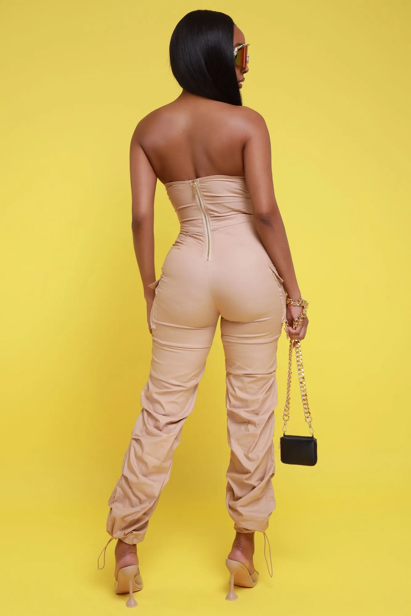 Guest List Strapless Bodycon Cargo Jumpsuit - Taupe sold by Swankaposh product image thumbnail 2