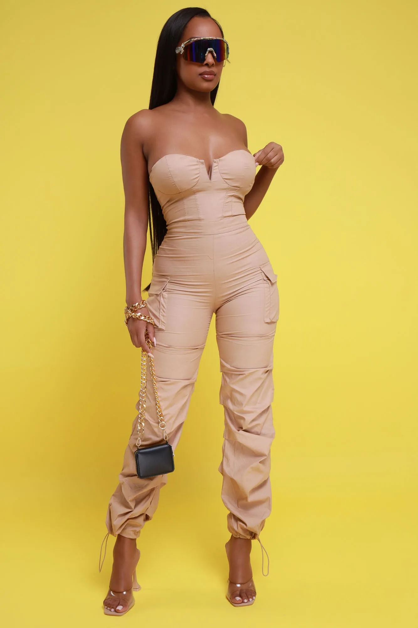 Guest List Strapless Bodycon Cargo Jumpsuit - Taupe sold by Swankaposh