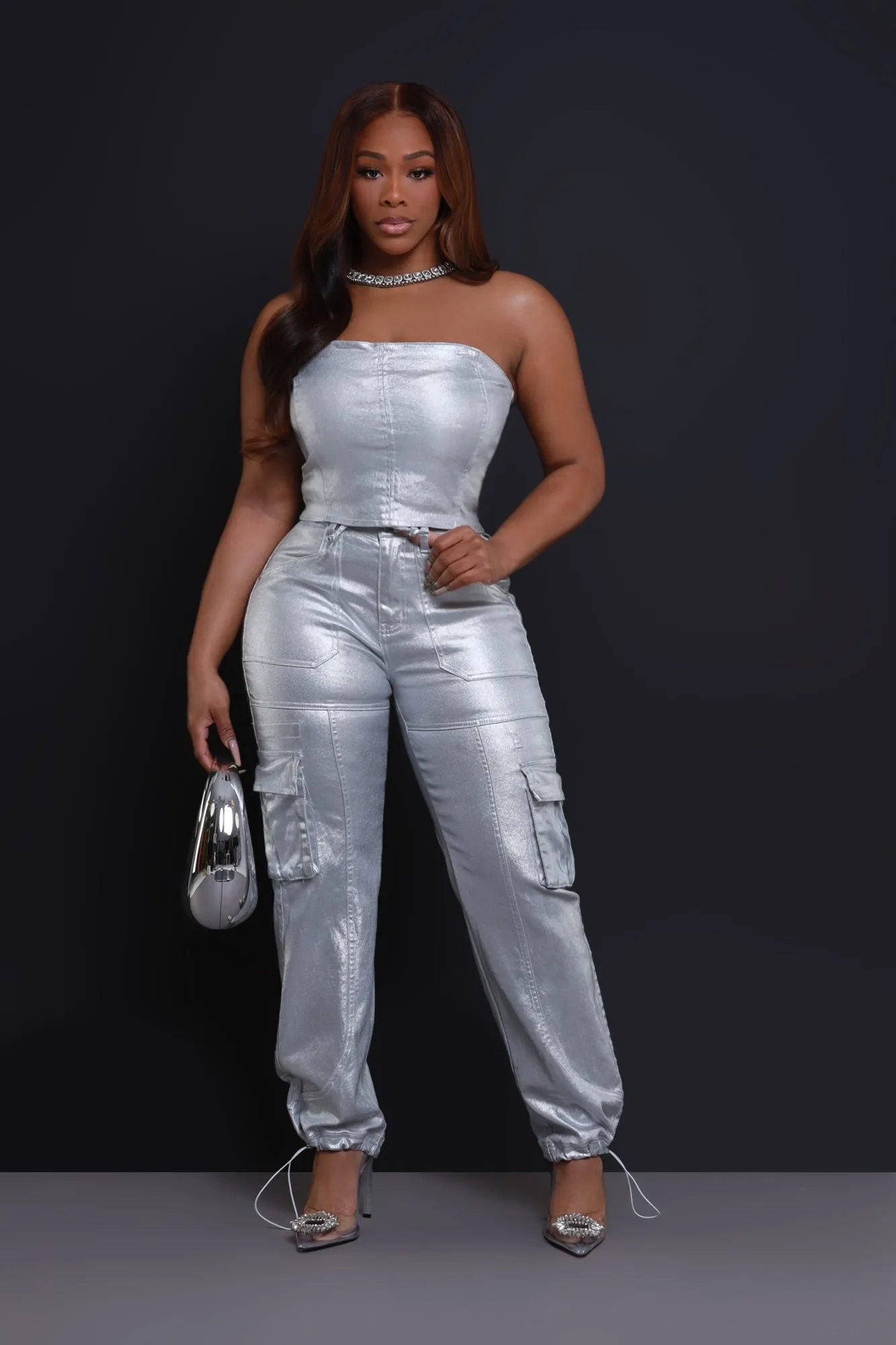 Lose Control Metallic Cargo Pants - Silver sold by Swankaposh