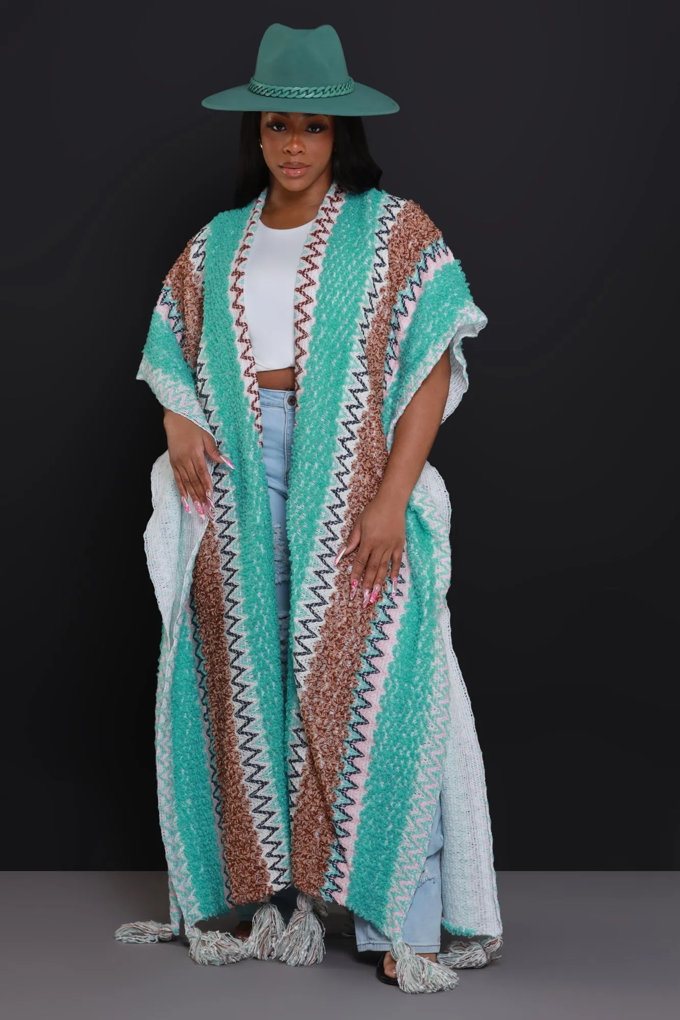 Create Change Longline Knit Cardigan - Blue/Brown Multicolor sold by Swankaposh